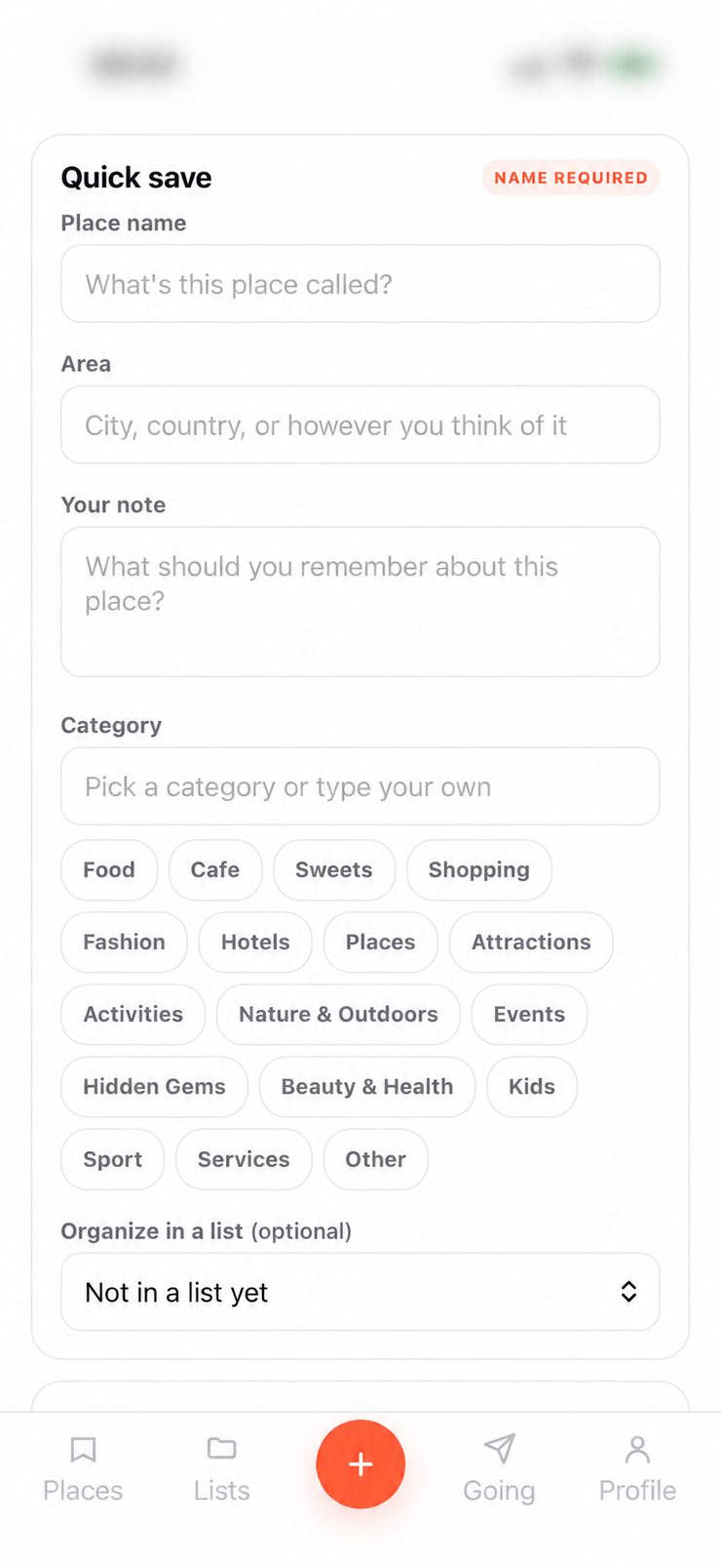 ListGo Add a Place screen with quick save fields and categories