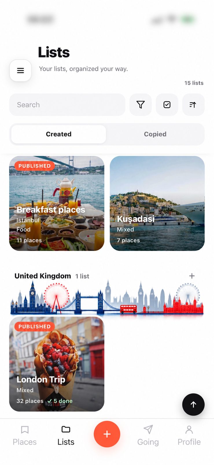 ListGo Lists with Breakfast places, Kuşadası and London Trip